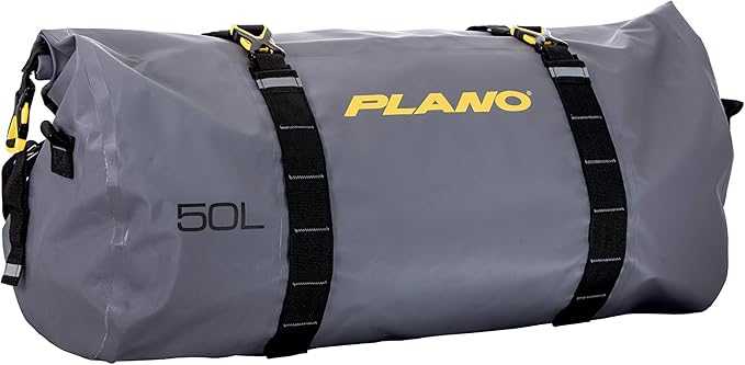 Plano Z-Series Roll-Top Waterproof Duffel with Backpack Straps, Gray with Yellow Accents, 500D PVC Fabric Fishing Dry Bag, Soft Fishing Duffel Bag Storage