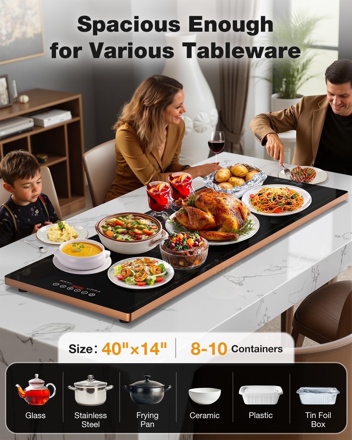 Electric Warming Tray (40''×12''), Adjustable Temperature, 10s Full Surface Heating, Smart Scheduling + Timer, Intelligent Digital Display, Food Warmer for Parties, Buffet, Home Use