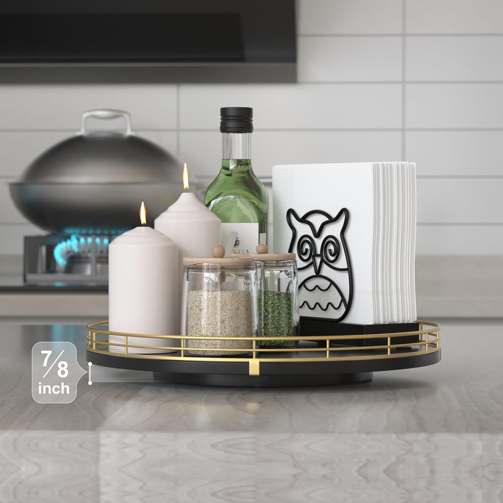 12" Oak Wood Lazy Susan Organizer, Lazy Susan for Cabinet Dining Table Pantry Wood Turntable Organizer Tray for Coffee Table Kitchen Countertop Spinning Spice Can Organization and Storage Round Gold