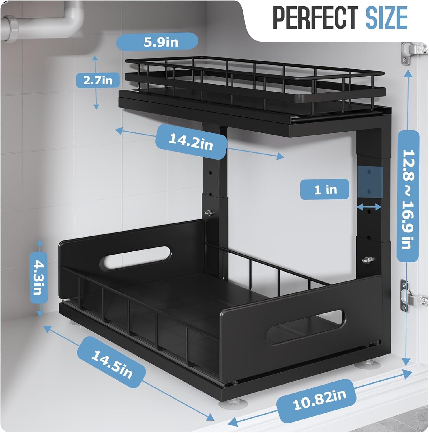 2 Pack Under Sink Organizer Upgrade To Professional Rails,2-Tier Dual Pull Out Cabinet Storage,Height Adjustable Slide Out Drawers For Bathroom Kitchen,Under Sink Shelf (Patent Registered)