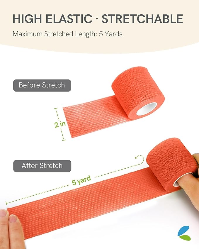 FriCARE Self Adhesive Bandage Wrap, Medical Tape in First Aid Kit, Cohesive Bandages for Wounds Sport Vet, FSA/HSA Eligible, 2 Inches X 5 Yards 6 Rolls, Fluorescent Orange