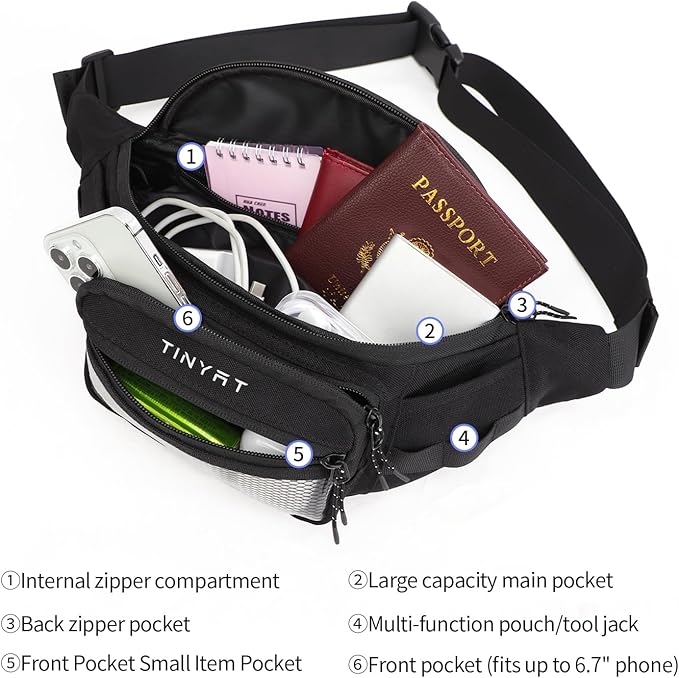 TINYAT Fanny Pack for Men Women Multifunction Waist Packs Large Crossbody Bum Bag with Zipper Waterproof Chest Bag for Hiking