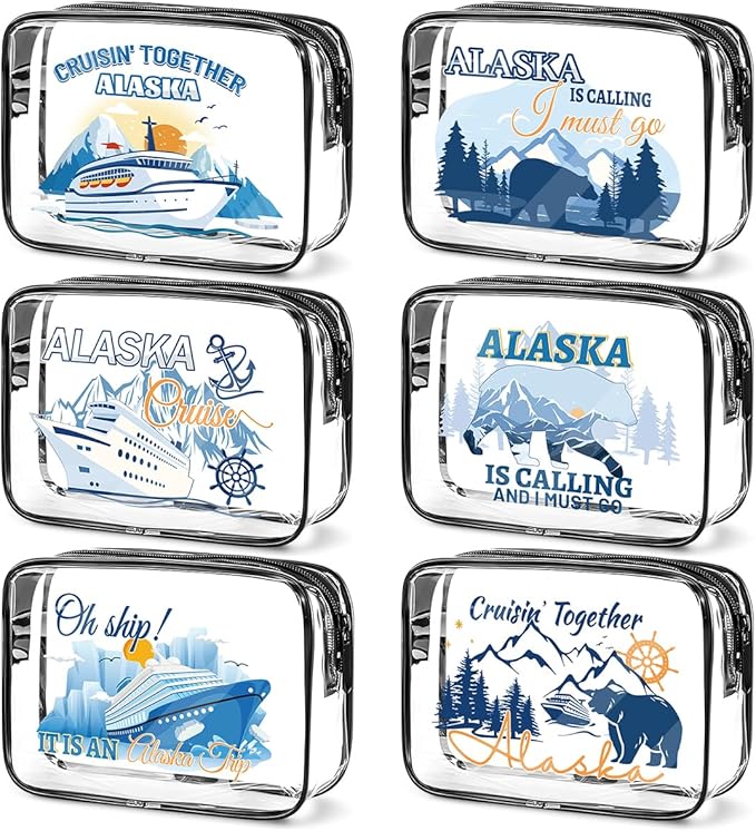 6 Pcs Clear Alaska Makeup Bags Gifts for Women, Beach Cruise Cosmetic Bag,Alaska Cruise Essentials, Travel PVC Waterproof Toiletry Bags for Girls Sister Daughter Nurse Teacher