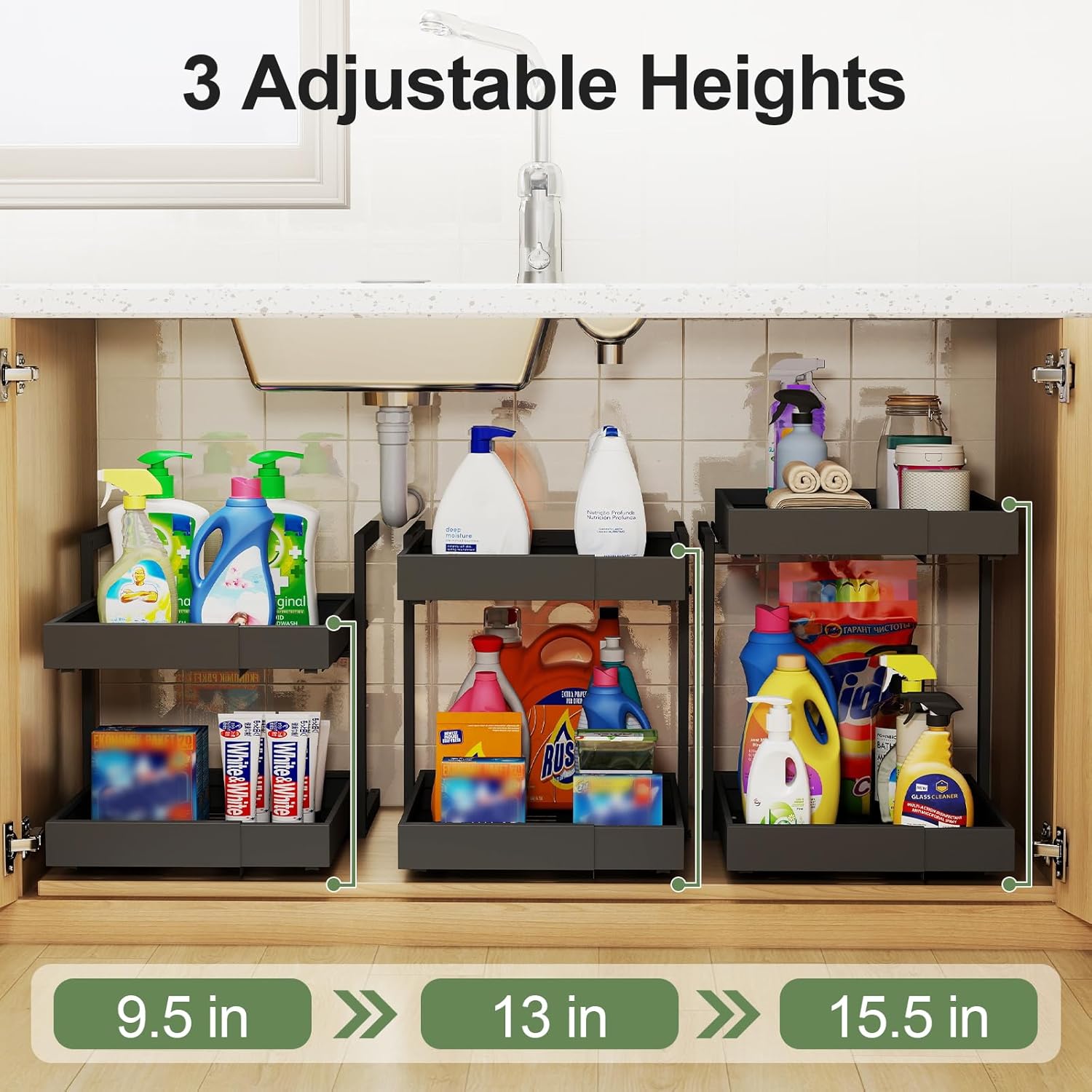 2 Tier Pull Out Cabinet Organizer ,Adjustable Width & Height,Expandable Pull-Out Drawers For Cabinets, Slide Out Shelves for Kitchen Cabinets / Countertop / Pantry,Heavy-Duty & Easy to Install(Black)