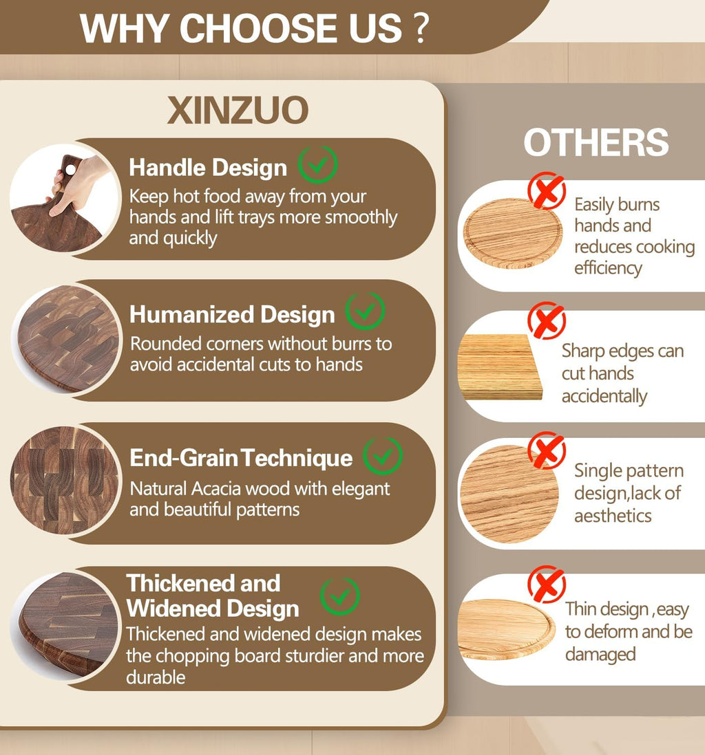 XINZUO Acacia Wood End-Grain Round Cutting Board with Handle for Kitchen Bread Pizza Cheese Fruit Charcuterie Serving Cutting Board, Two-sided Use, 16.7 x 12.5 x 0.75 inches