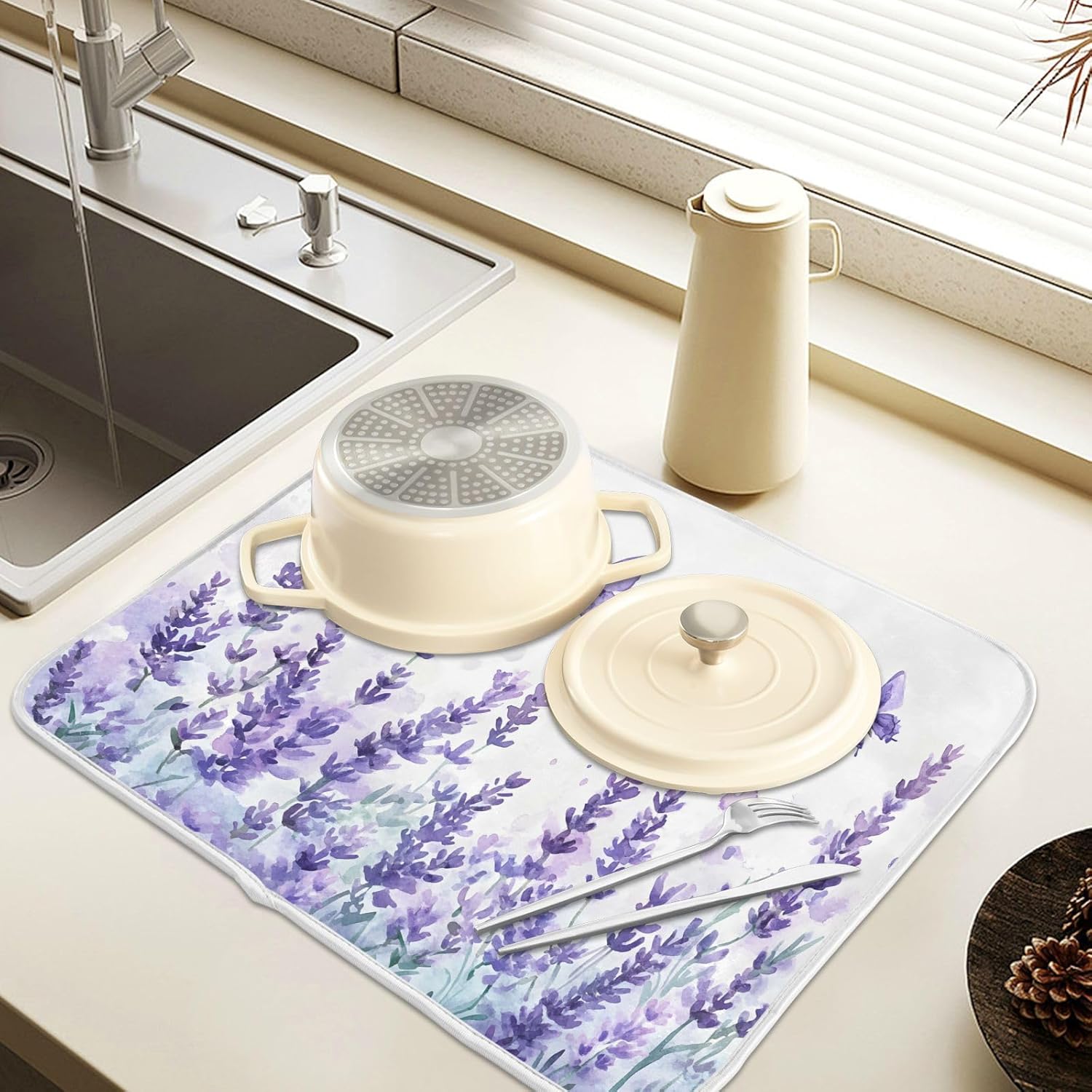 Purple Lavender Spring Summer Flower Floral Dish Drying Mat for Kitchen Counter Absorbent Microfiber Small Drying Pad Dish mats for Kitchen Countertops 16 x 18 Inch