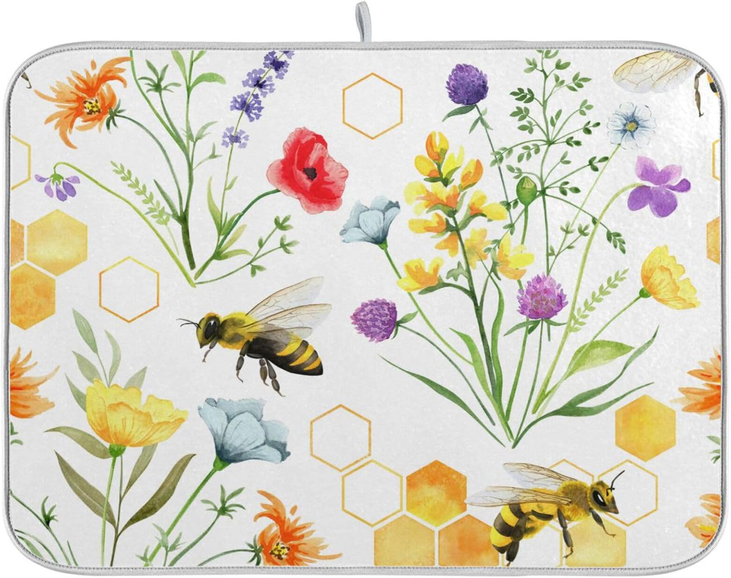 Wildflowers and Bees Dish Drying Mat for Kitchen Counter Absorbent Microfiber Drying Pad, Large 18x24 in, Reversible Drainer Mats