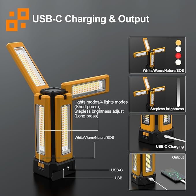 13200mAh Rechargeable Solar Work Light with Folding Stand Support and Portable Carrying Bag, 8000 Lumen Stepless Dimmable, 4 Lighting Modes, White/Warm/Warm White (Remote)