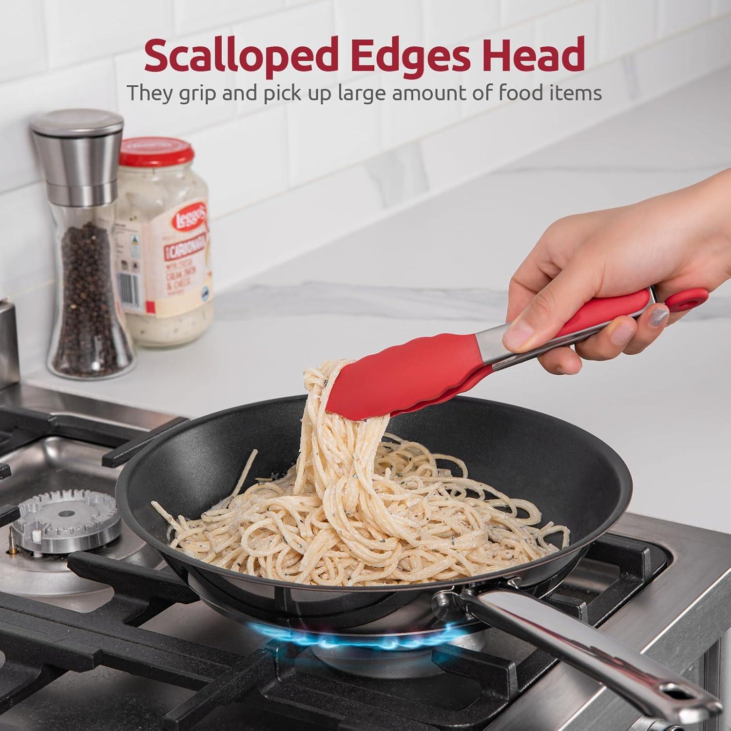 480ºF Heat Resistant Kitchen Tong: U-Taste 7 inch Silicone Cooking Tong with Firm Sealed Non Stick Rubber Tips & Silicon Coated 18/8 Stainless Steel Handle & Smooth Locking for Serving Salad (Red)