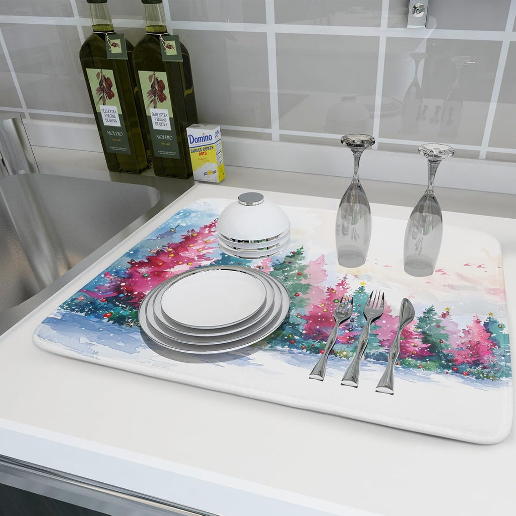 Decorative Christmas Dish Drying Mats Pink Green Xmas Tree Painting Rack Drainer Mats for Coffee Bar 18 X 24 Inch