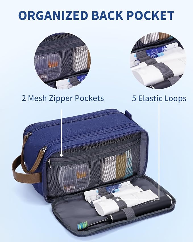 WANDF Toiletry Bag for Men Travel Toiletry Organizer Canvas and Leather Dopp Kit Water-Resistant Shaving Bag for Travel Accessories (Blue, Patent Pending)