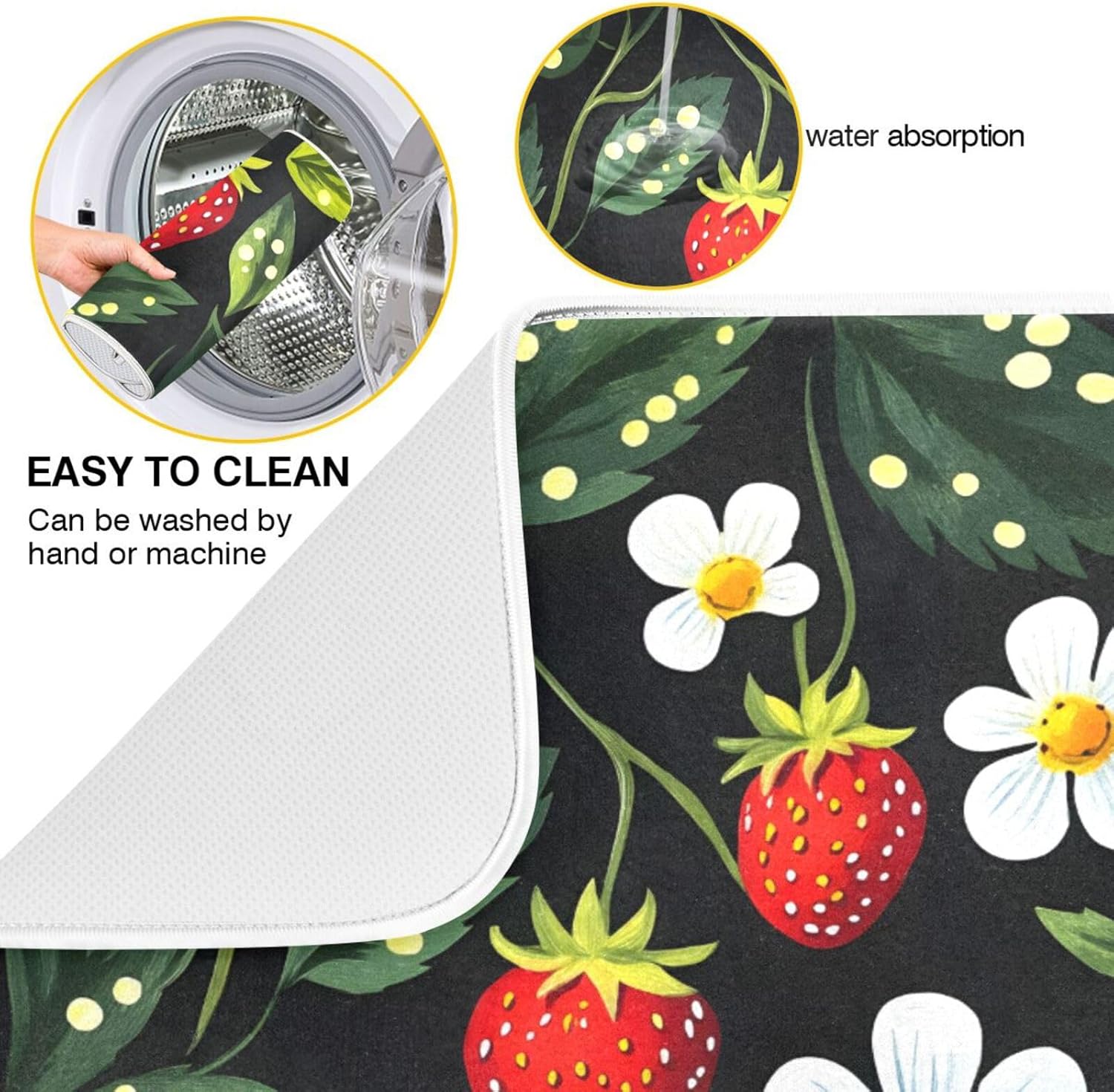 Strawberries White Flowers Dish Drying Mat for Kitchen Counter Absorbent Microfiber Drying Pad, Medium 16x18 in, Reversible Drainer Mats