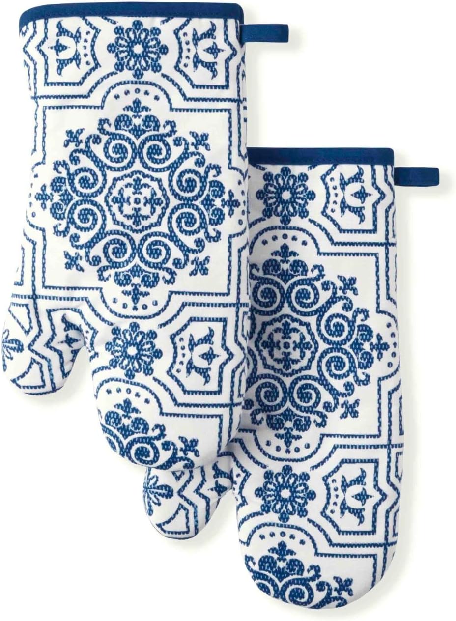 Martha Stewart Printed Oven Mitt Set, 7"x13", Strie Medallion