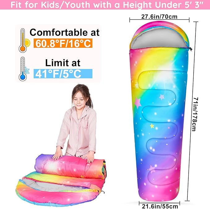 FIOBEE Kids Sleeping Bag for Girls Boys 3 Season Warm & Cool Weather Youth Camping Sleeping Bags with Backpacking Bag Waterproof for Traveling Hiking Indoor Outdoor Camping Essentials