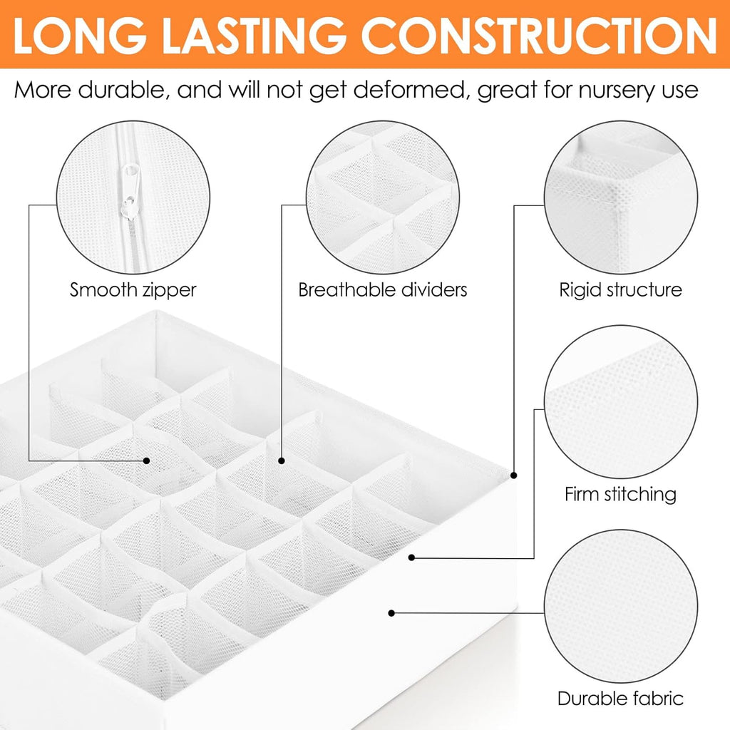 6 Pack Sock Underwear Drawer Organizer Dividers, 58 Cell Foldable Fabric Dresser Closet Organizers and Storage Bins for Clothing, Baby Clothes, Bra, Panty, Scarf, Ties (White)