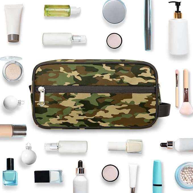 Green Camo Portable Travel Toiletry Bag, Geometry Camouflage Print Dopp Kit Cosmetic Organizer Makeup Bag Shower Shaving Bag for Men Women
