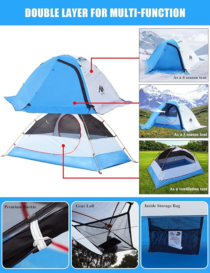 AYAMAYA 4 Season Backpacking Tent 2 Person Camping Tent Ultralight Waterproof All Weather Double Layer Two Doors Easy Setup 1 2 People Man Tents for Backpacker Outdoor Hiking Survival