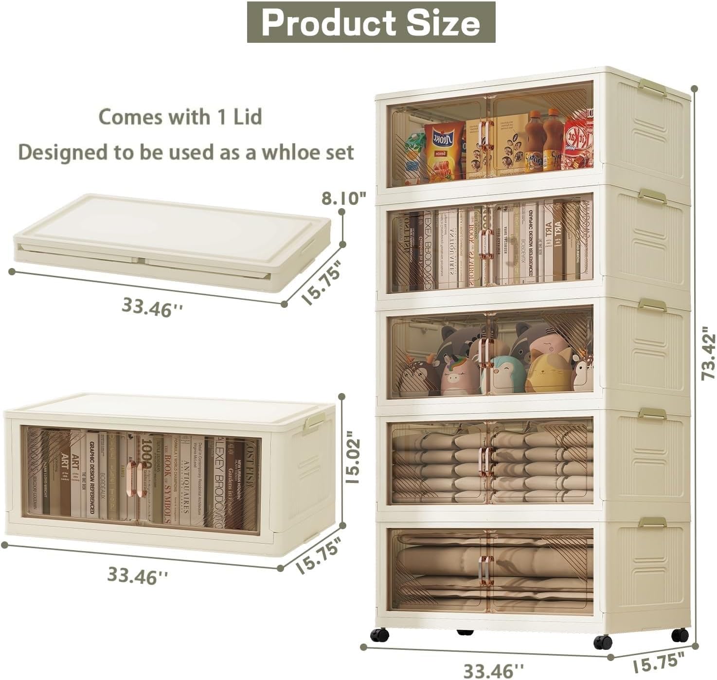 KHNR 5Packs Stackable Storage Bins with Lid, 36 Gal Closet Organizer and Storaging Drawer, Collapsible Storage Box with Wheels, Plastic Clothes Storage Cabinet Containers for Home, Office, Dorm