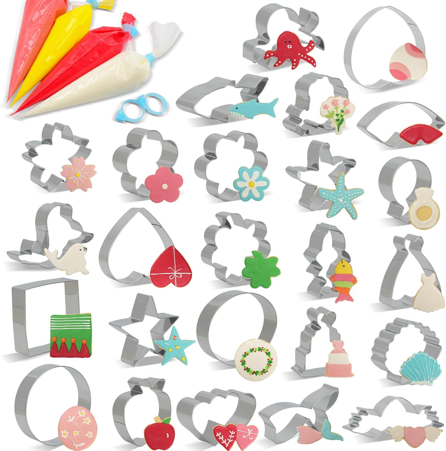 Metal Cookie Cutter 25-Piece set,Valentine's Day,Ocean,Flowers and Everyday Shapes Cookie Cutters Set,Dough Cutter,Stainless Steel and Piping Bag