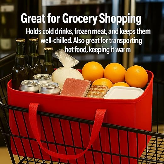 2Pk Insulated Reusable Grocery Bags, Collapsible Cooler Bag for Groceries, Heavy Duty Large Insulated Bag (Large, Bright Red)