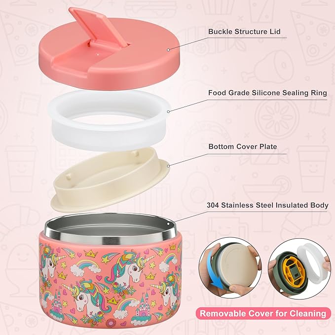 12oz Kids Soup Thermo for Hot Food Insulated Vacuum Food Jar with Buckle Lid, Stainless Steel Wide Mouth Leak Proof Lunch Container for School Travel-Pink
