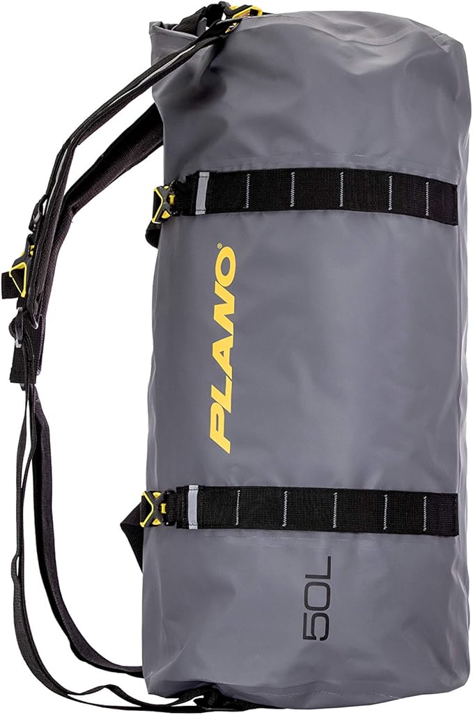 Plano Z-Series Roll-Top Waterproof Duffel with Backpack Straps, Gray with Yellow Accents, 500D PVC Fabric Fishing Dry Bag, Soft Fishing Duffel Bag Storage