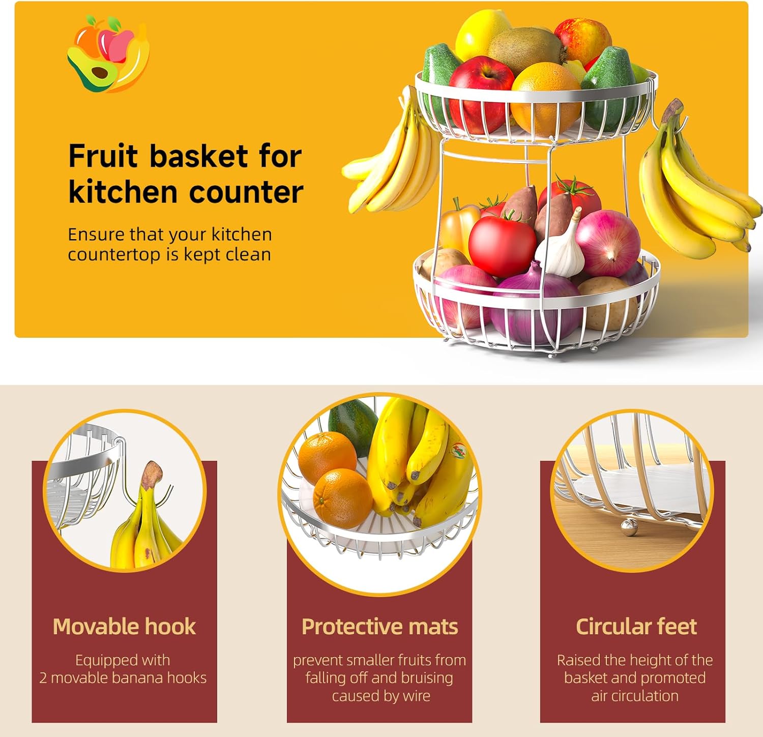 2 Tier Fruit Basket for Kitchen Counter with 2 Banana Hangers, Metal Stackable Fruit Bowl for Kitchen Counter for Bread Vegetable Fruits, Silvery
