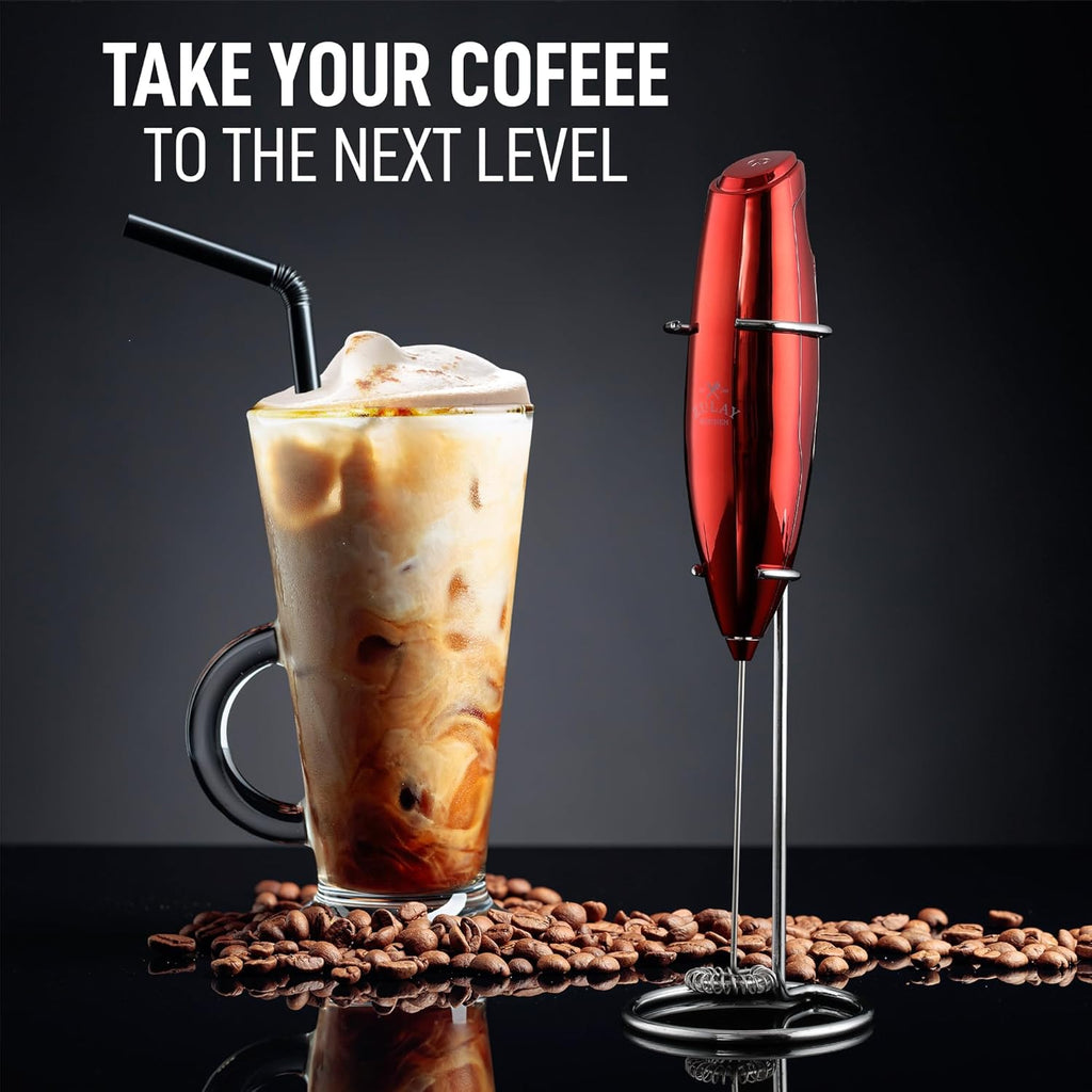 Zulay Executive Series Ultra Premium Gift Milk Frother For Coffee with Deluxe, Radiant Finish - Coffee Frother Handheld Foam Maker - Electric Milk Frother Handheld For Lattes Premium UV Red