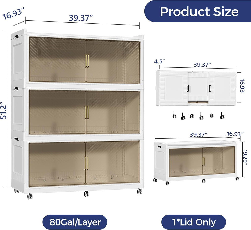 240GAL Extra Large Stackable Storage Bins with Lid, 960QT Plastic Storage Bins with 6x Wheels, Collapsible Closet Organizer and Storage Drawer Cabinet for Living Room Office Dorm, 3Pack White