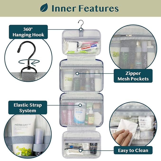 PAVILIA Hanging Toiletry Bag Travel Bag Women Men, Foldable Cosmetic Organizer, Roll up Makeup Bag, Water Resistant Accessories Toiletries, Large Travel Essentials Kit (Navy Polka Dot)