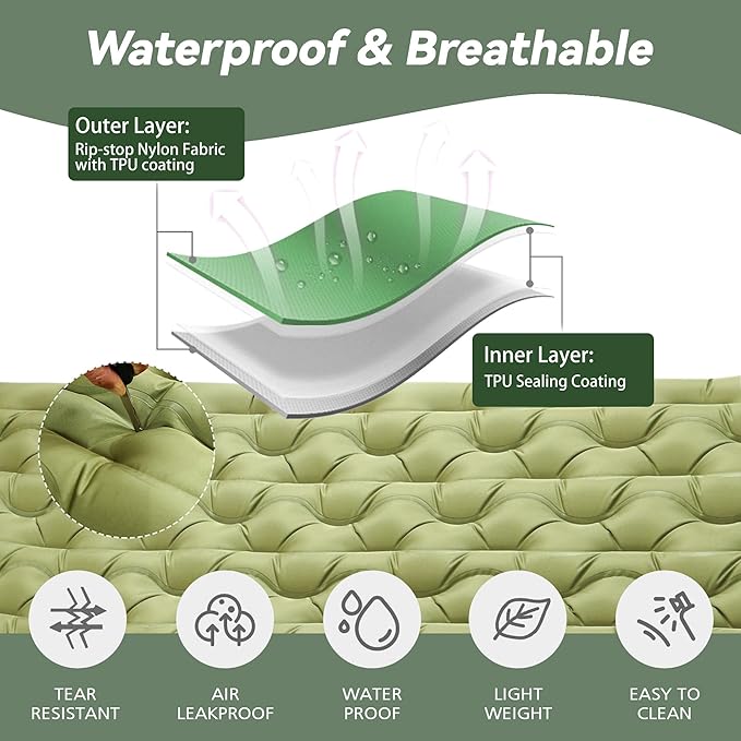 Double Sleeping Pad for Camping - 6" Ultra-Thick Camping Mattress with Pillow, Built-in Foot Pump, Compact 2-Person Portable Camping Mat for Backpacking, Hiking, Car Traveling, Beach, Tent