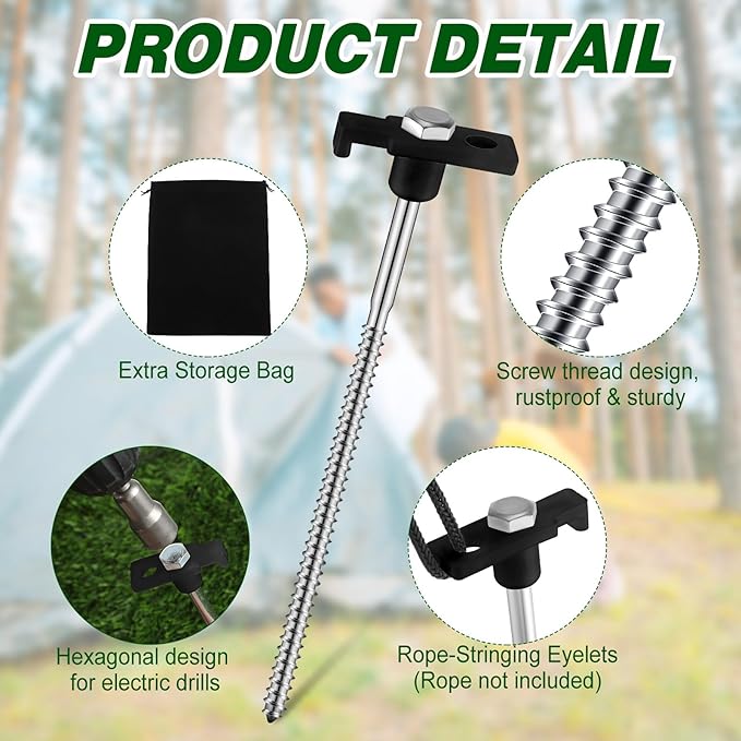 Tandefio 20 Pcs 8 Inch Screw in Tent Stakes Heavy Duty Drill in Ground Anchor Pegs Metal Stakes Screws Hex Pegs Drillable Camping Threaded Tent Spike with Hex Head Driver (Black)