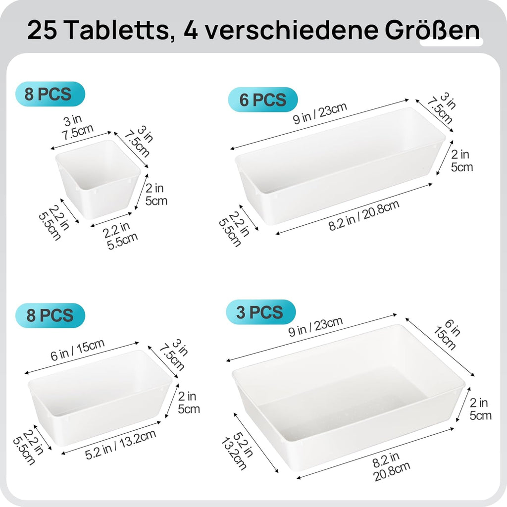 Vtopmart 25 PCS Plastic Drawer Organizers Set, 4-Size Versatile Bathroom and Vanity Drawer Organizer Trays, Storage Bins for Makeup, Bedroom, Kitchen Gadgets Utensils and Office