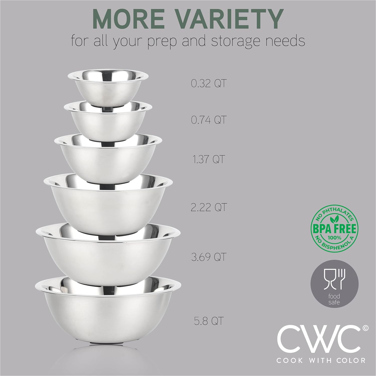 COOK WITH COLOR Stainless Steel Mixing Bowls Set - Nesting Bowls, 6 Pieces, Silver with Non Slip Bottom