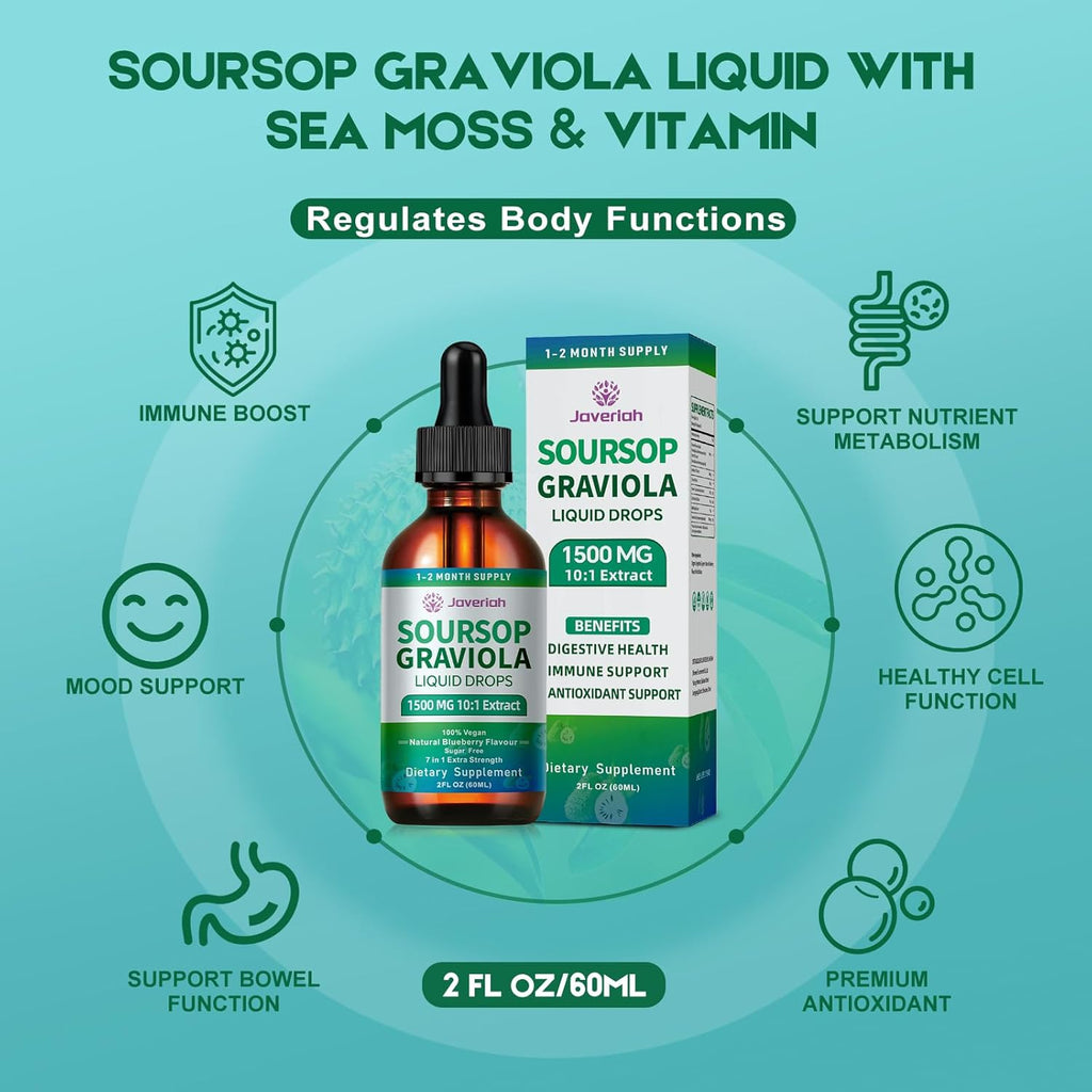 2 Pack Soursop Graviola Leaf Extract Liquid Drops Supplement with Irish Sea Moss & Turmeric for Cellular Support, Immune System Boost, Liver Health, Soursop Bitters Liquid 60-Day Supply 4 FL OZ