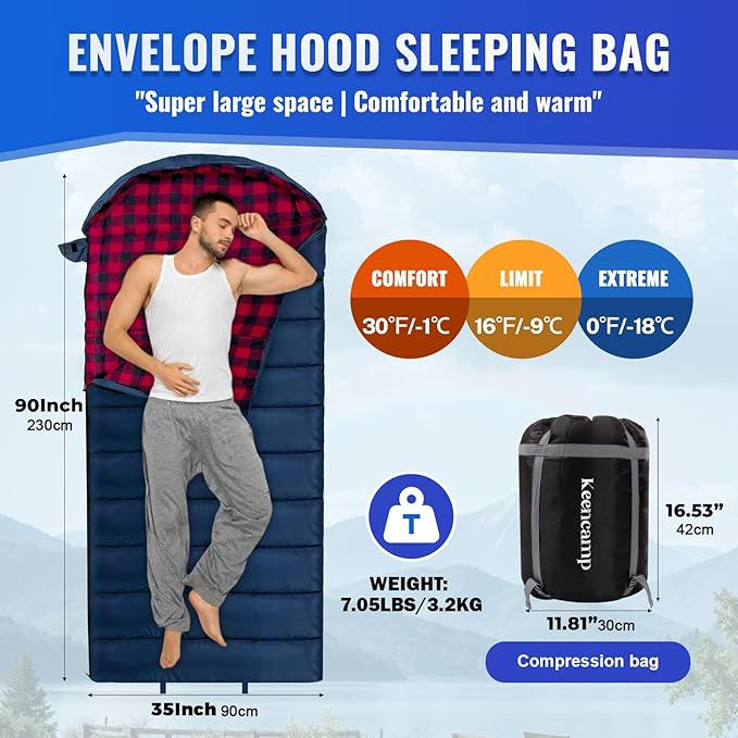 0 Degree Sleeping Bag Cotton Flannel Winter Cold Weather for Adults XXL Sleeping Bag 4 Season Big and Tall with Pillow Compression Sack