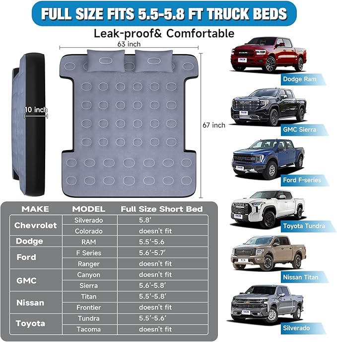 Truck Bed Mattress 5.5-5.8ft: Inflatable Full Size Truck Bed Air Mattress with Wireless Rechargeable Pump, Pickup Mattress with Carry Bag (Grey)