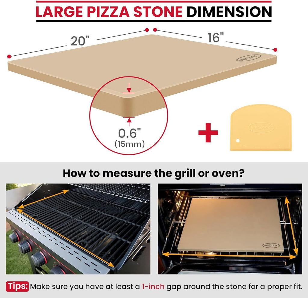 Unicook Large Rectangular Pizza Stone for Oven and Grill 20" x 16" x 0.6", Thermal Shock Resistant Cordierite Baking Stone, Ideal for Baking Crispy Pizzas, Bread and Cookies, Dough Cutter Included