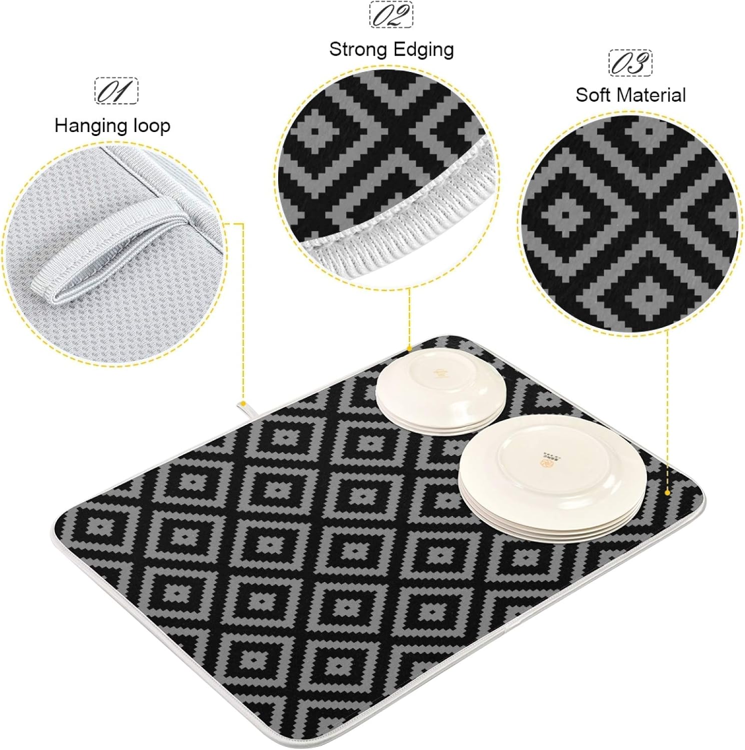 Super Absorbent Dish Drying Mat, Microfiber Fast-Drying Dish Mat, 16" x 18, Kitchen Dish Drying Pad, Black Moroccan Rhombus Plaid
