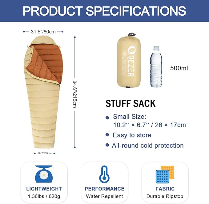 Ultralight Down Sleeping Bag for Adults with 600 Fill Power, Compact Sleeping Bag with Compression Sack for Backpacking, Hiking and Camping