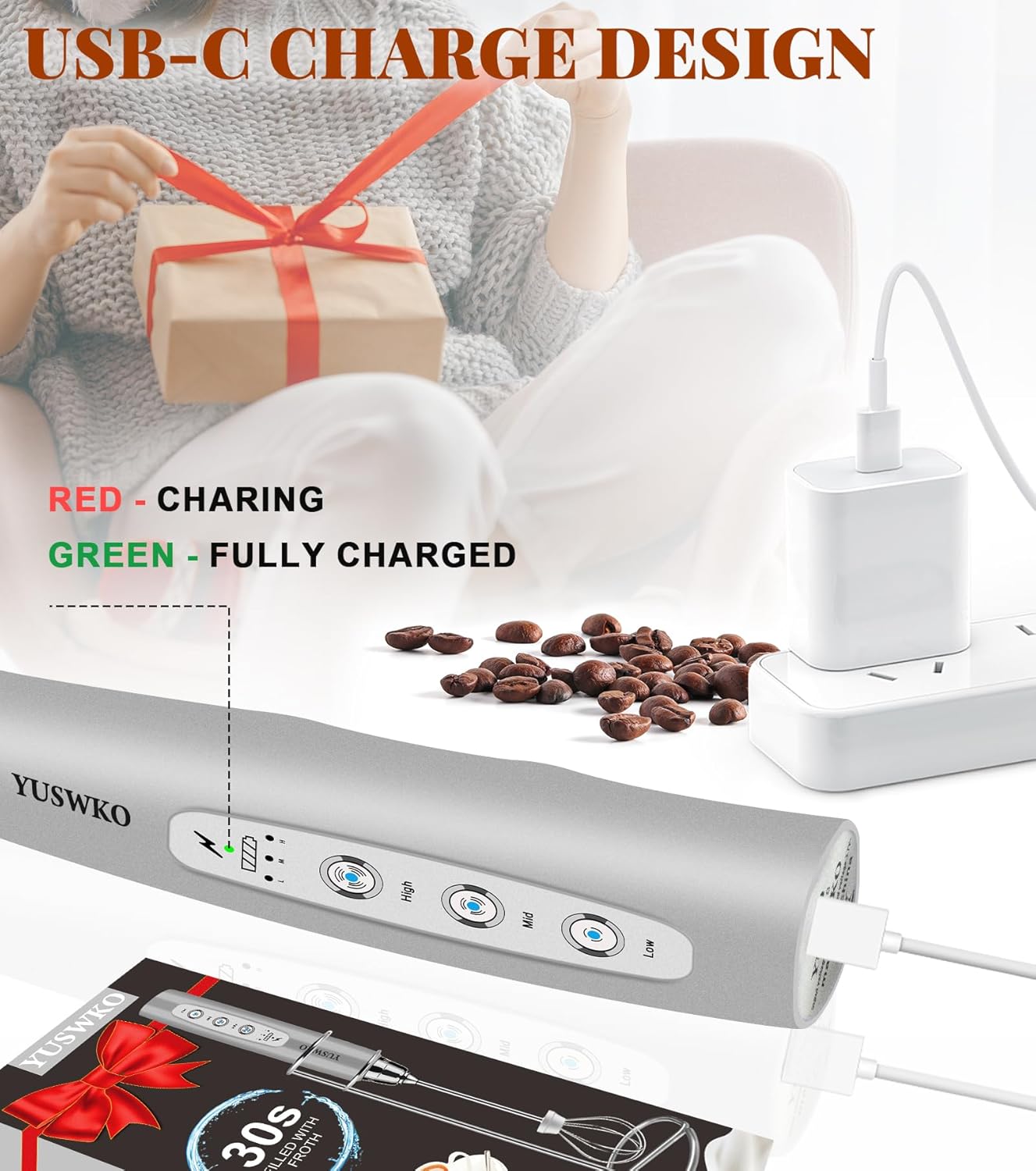 YUSWKO Milk Frother Handheld for Coffee with Stand, Rechargeable Drink Mixer with 3 Heads 3 Speeds Electric Coffee Frother Whisk, Gift for Many Occasions and Festival