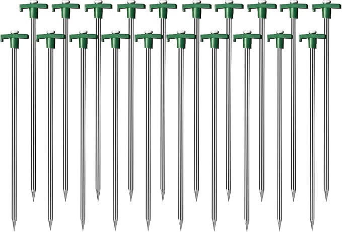 Cheardia 20 Pack Tent Stakes Heavy Duty, 10.25 Inch Yard Stakes Non-Rust Metal Tent Pegs Ground Stakes Tent Spikes for Camping Patio, Garden, Canopies, Grassland, Outdoor,Green