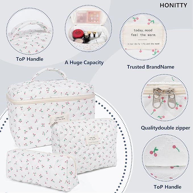 Makeup Bag,Quilted Cosmetic Bag,Large Floral Make Up Bag for Women,Cotton Makeup Bag Set,Flower Travel Toiletry Bag