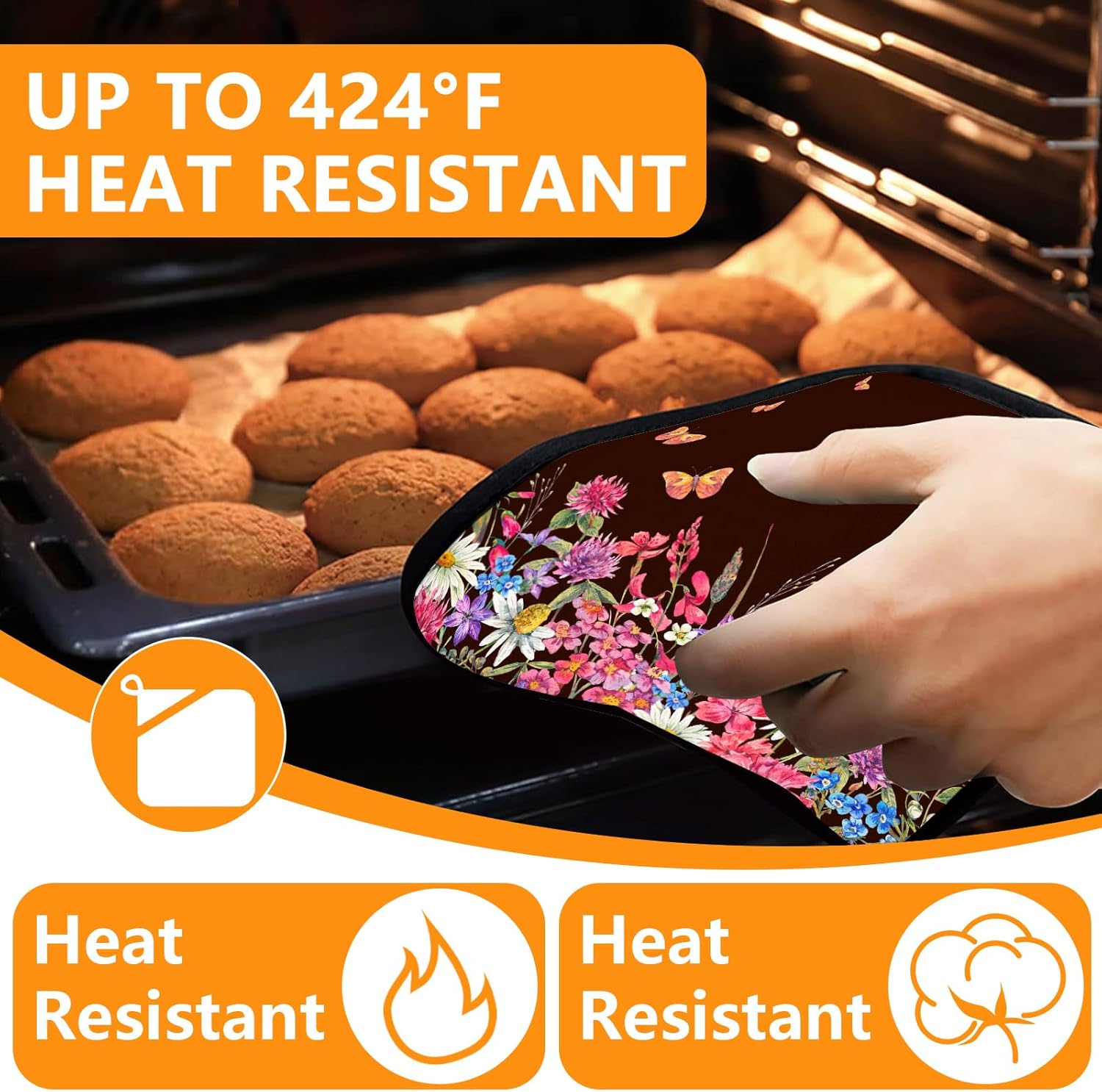 Wildflowers Oven Mitts and Pot Holders Sets 4Pcs,Extra Long Oven Gloves Potholder for Kitchen Cooking Baking BBQ 100% Cotton Heat Resistant