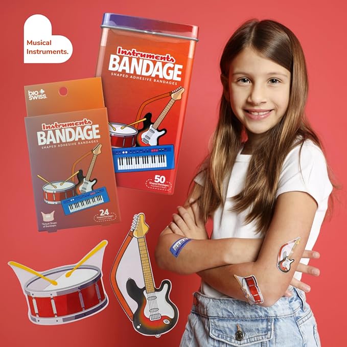 BioSwiss Bandages, Musical Instruments Shaped Self Adhesive Bandage, Latex Free Sterile Wound Care, Fun First Aid Kit Supplies for Kids and Adults, 24 Count