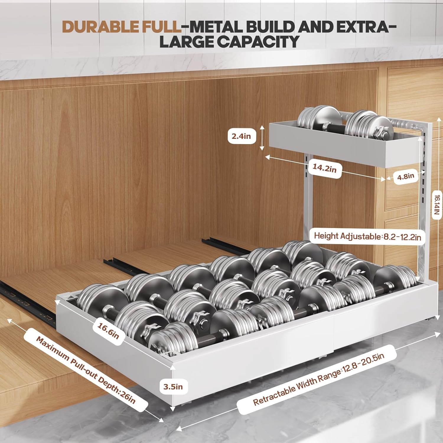 1-Pack L-Shape Expandable Under Sink Organizer with 3 Ball-Bearing Slide Rails,2-Tier Pull-Out Under Cabinet Storage Shelf for Kitchen & Bathroom,Height-Adjustable Slide-Out Cabinet Drawer-White