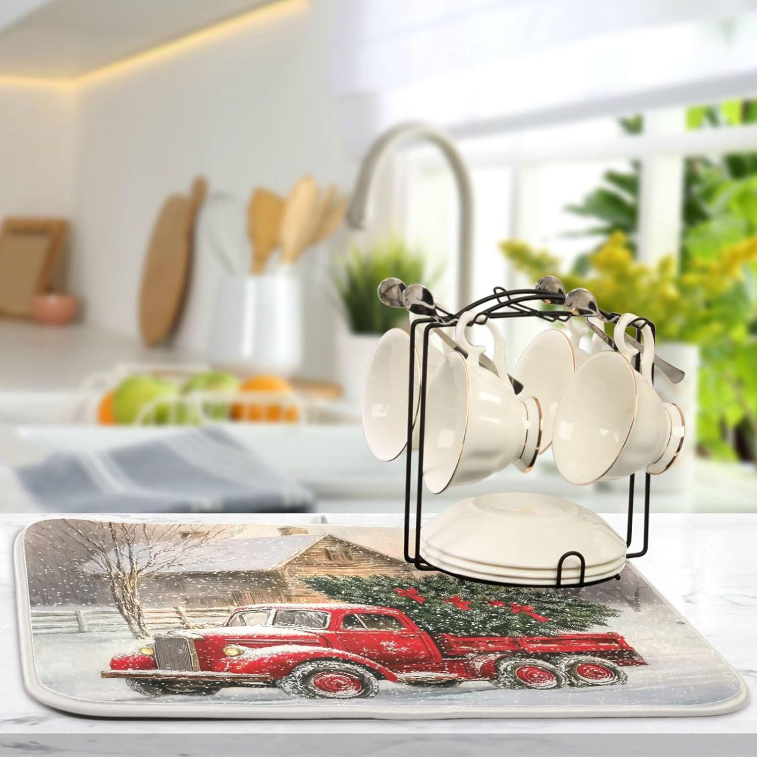 Red Christmas Truck Dish Drying Mat for Kitchen Counter Absorbent Microfiber Drying Pad, Large 18x24 in, Reversible Drainer Mats