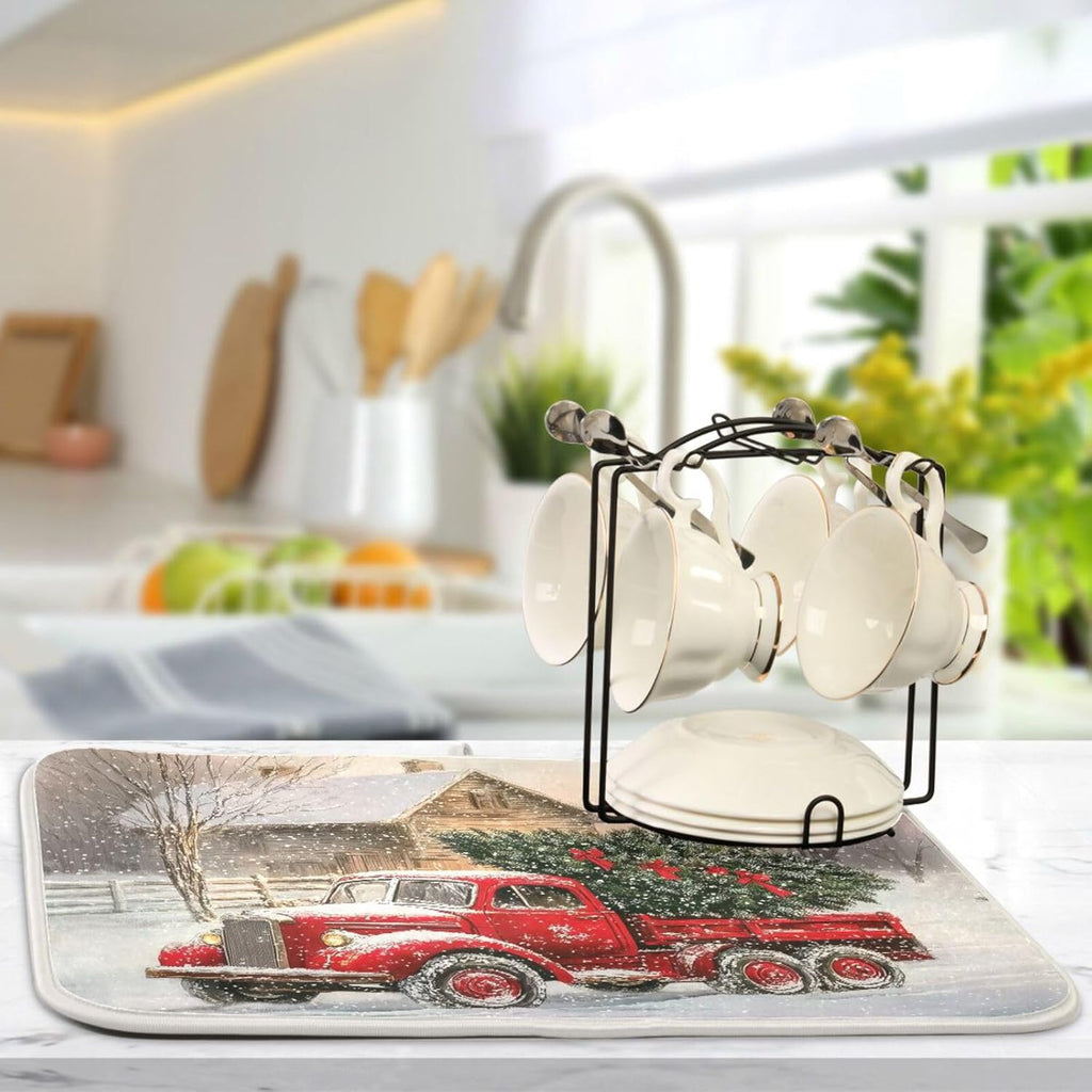 Red Christmas Truck Dish Drying Mat for Kitchen Counter Absorbent Microfiber Drying Pad, Medium 16x18 in, Reversible Drainer Mats