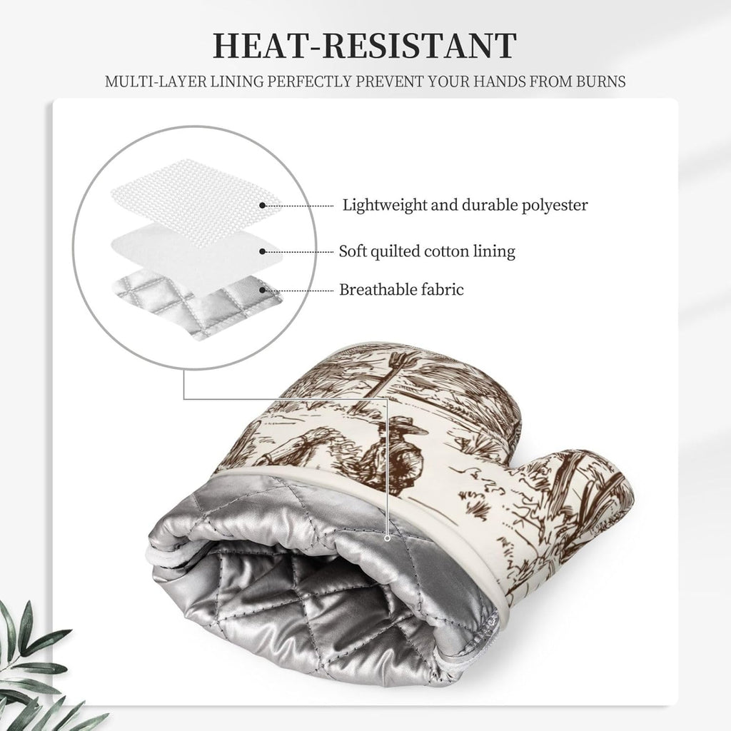 Western Cowboy Oven Mitts and Pot Holders 4 pcs Set Silicone West Cowboy Riding Horse in Desert Kitchen Oven Mitt Gloves Cowboy Pot Holders Non-Slip Heat Resistant Cooking Mitts Set, Beige