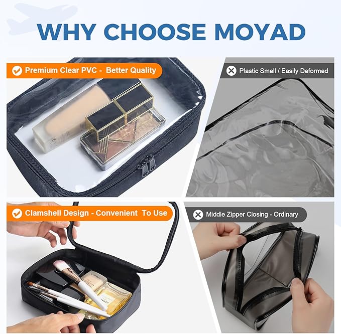 Moyad TSA Approved Clear Toiletry Bag, 1 Pack Quart Size 3-1-1 Liquids Pouch for Travel, Transparent Makeup & Cosmetic Organizer for Women Men, Black
